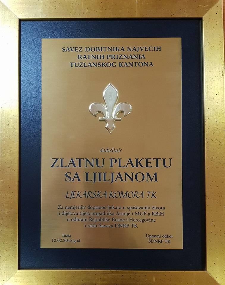 Ljekarskoj komori TK dodijeljena plaketa Saveza dobitnika najvećih ratnih priznanja TK